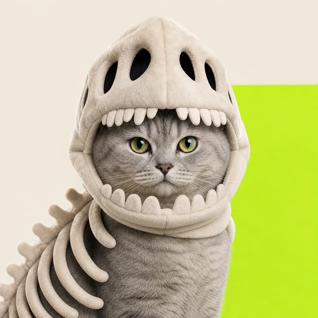 Portrait d'un chat gris avec la capuche dinosaure Cataclysm