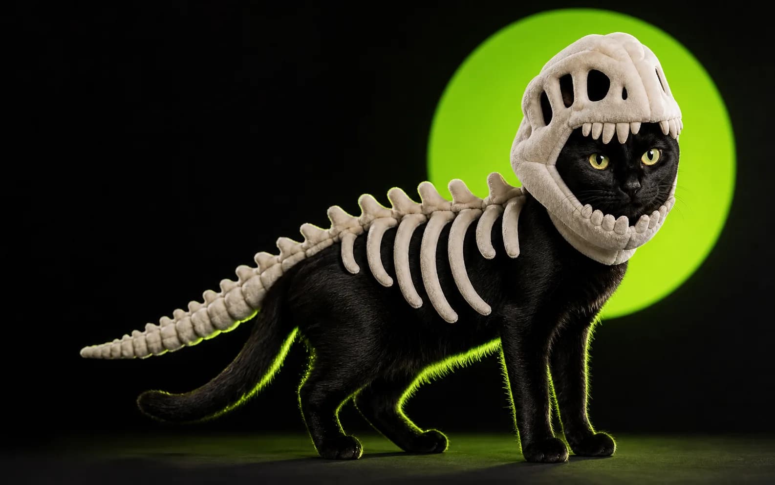 Chat noir portant le costume squelette de dinosaure Cataclysm