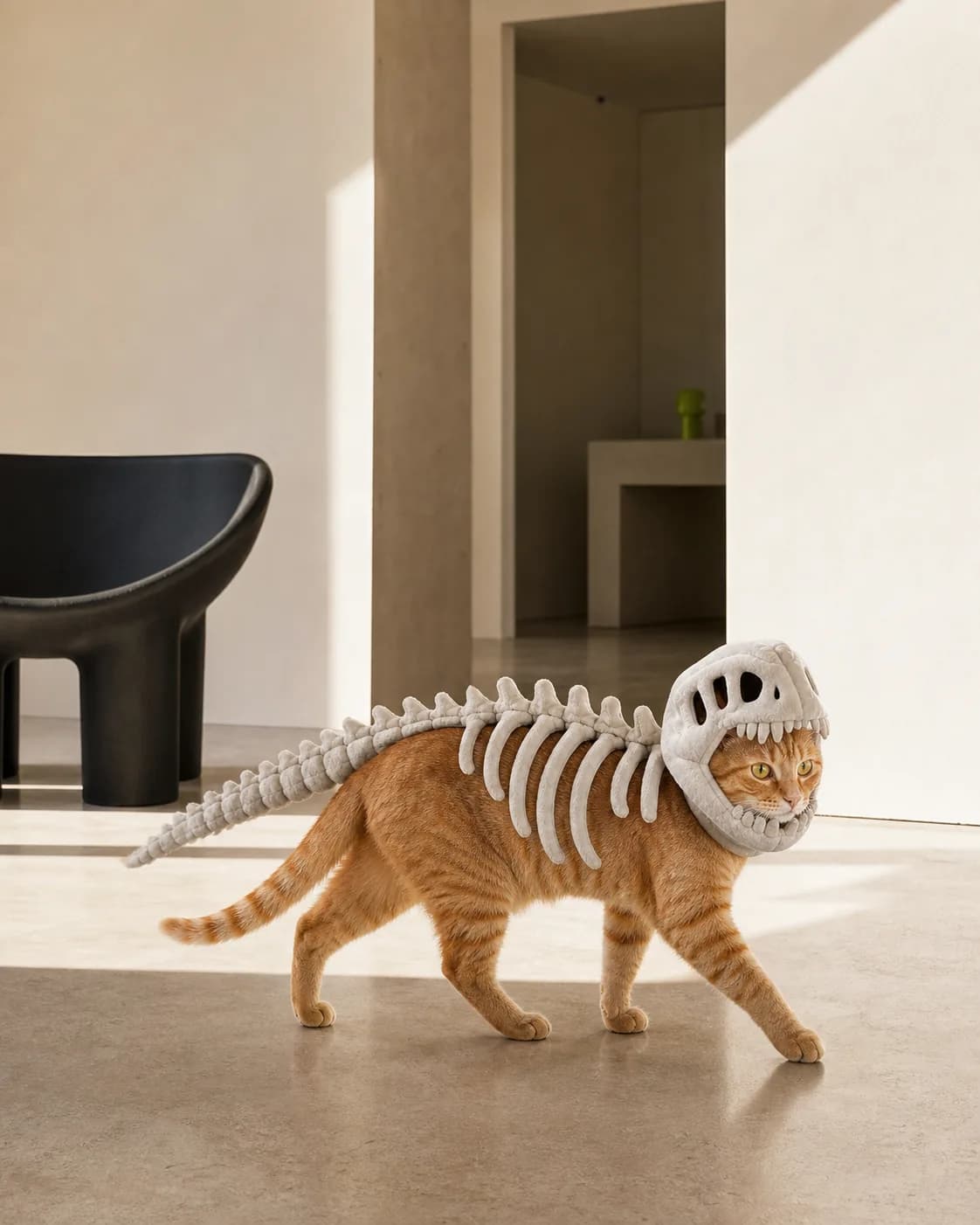 Chat roux portant le costume Cataclysm dans un intérieur moderne